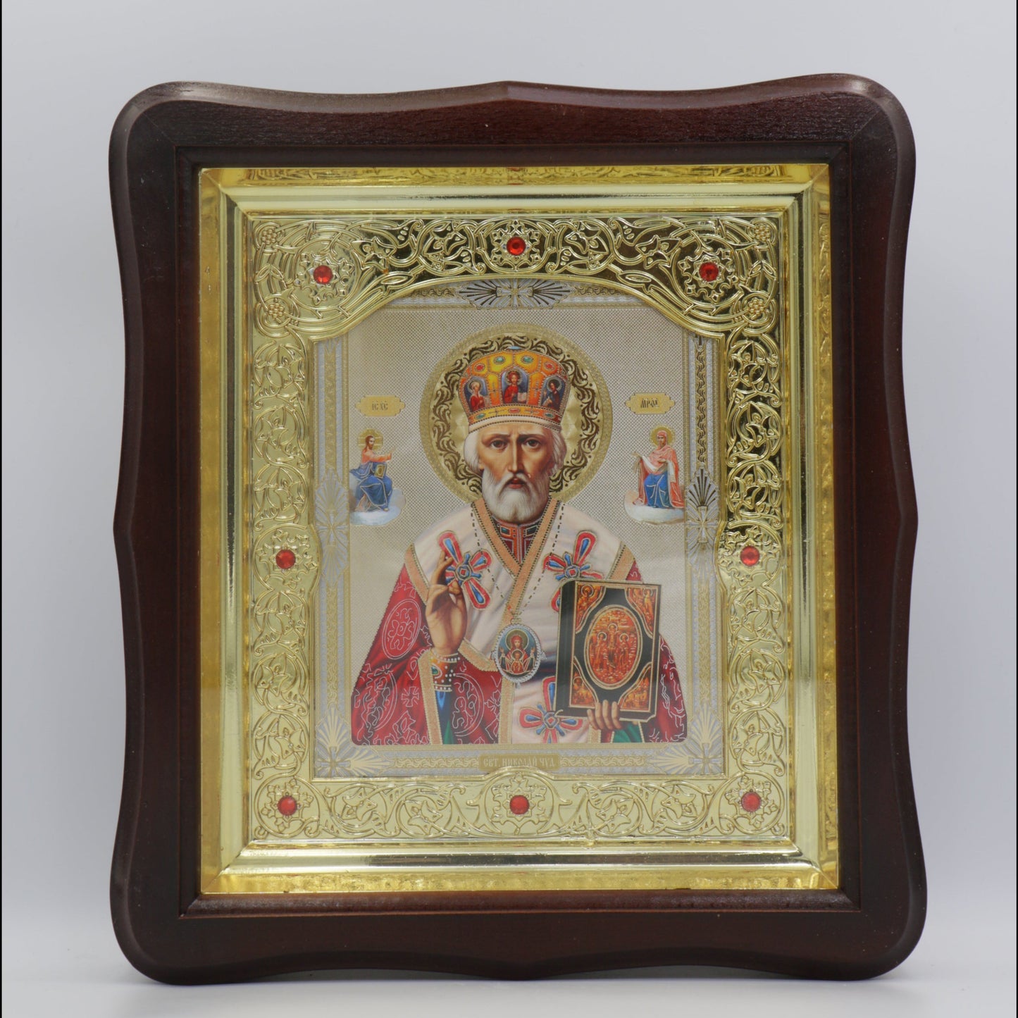 Икона на св. Николай Чудотворец в дървен фигурен киот под стъкло, 26 × 29 см