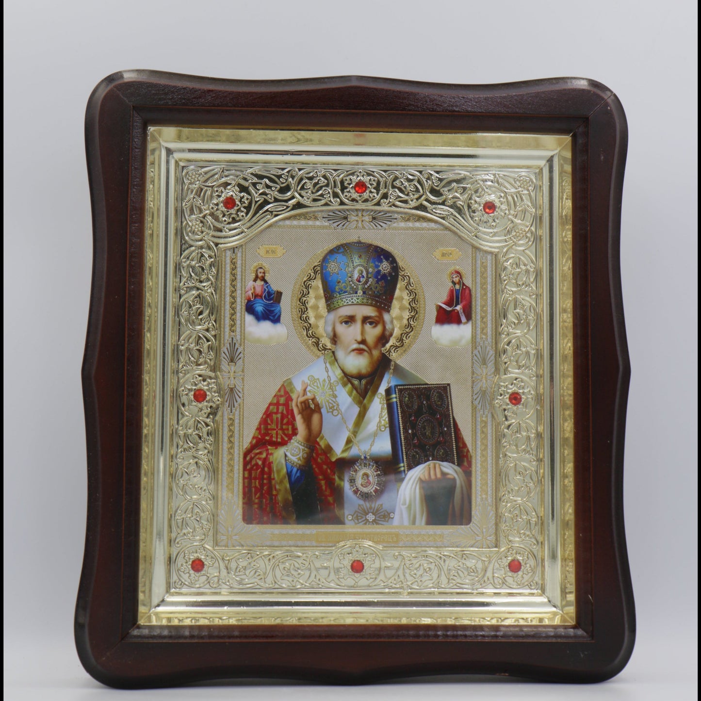Икона на св. Николай Чудотворец в дървен фигурен киот под стъкло, 26 × 29 см