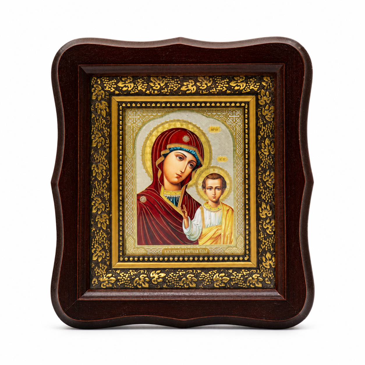 Икона на Казанската Божия Майка в дървен фигурен киот под стъкло, 21 × 19,5 см