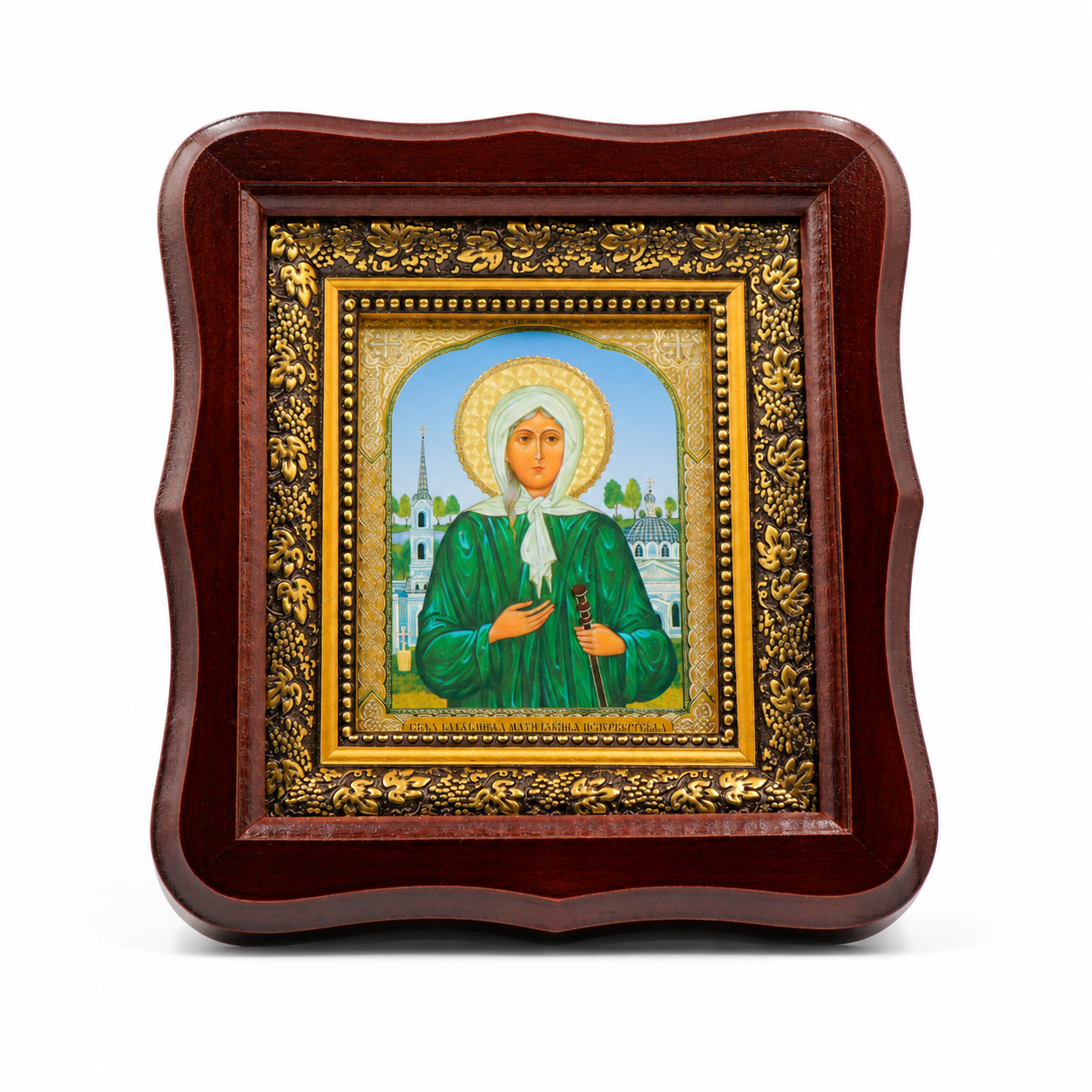 Икона на св. Ксения Петербургска в дървен фигурен киот под стъкло, 21 × 19,5 см