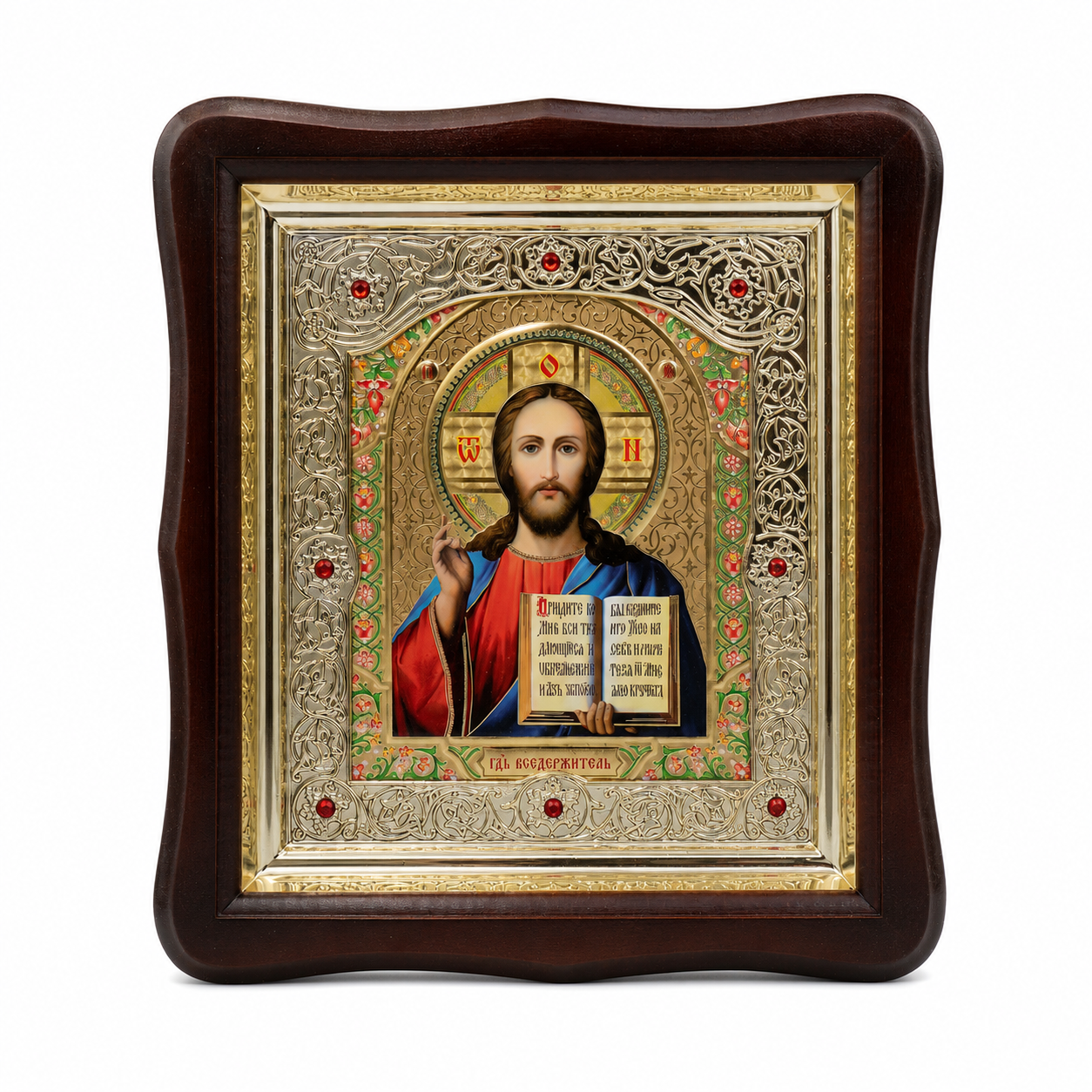 Икона на Господ Вседържител в дървен фигурен киот под стъкло, 26 × 29 см
