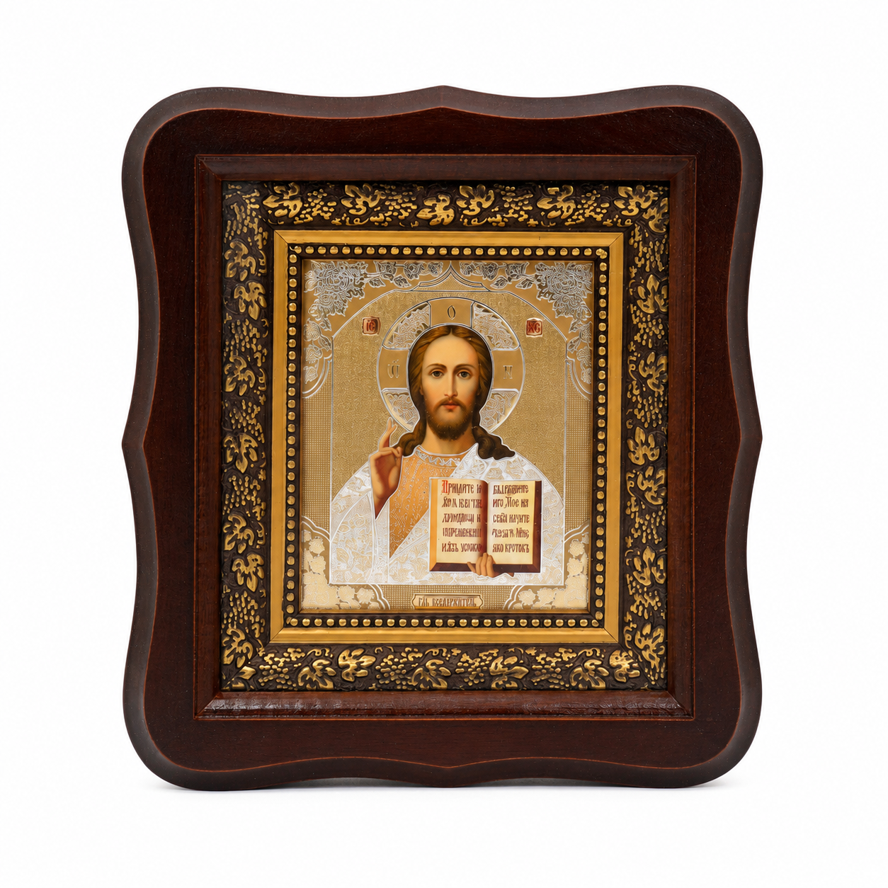 Икона на Господ Вседържител в дървен фигурен киот под стъкло, 21 × 19,5 см