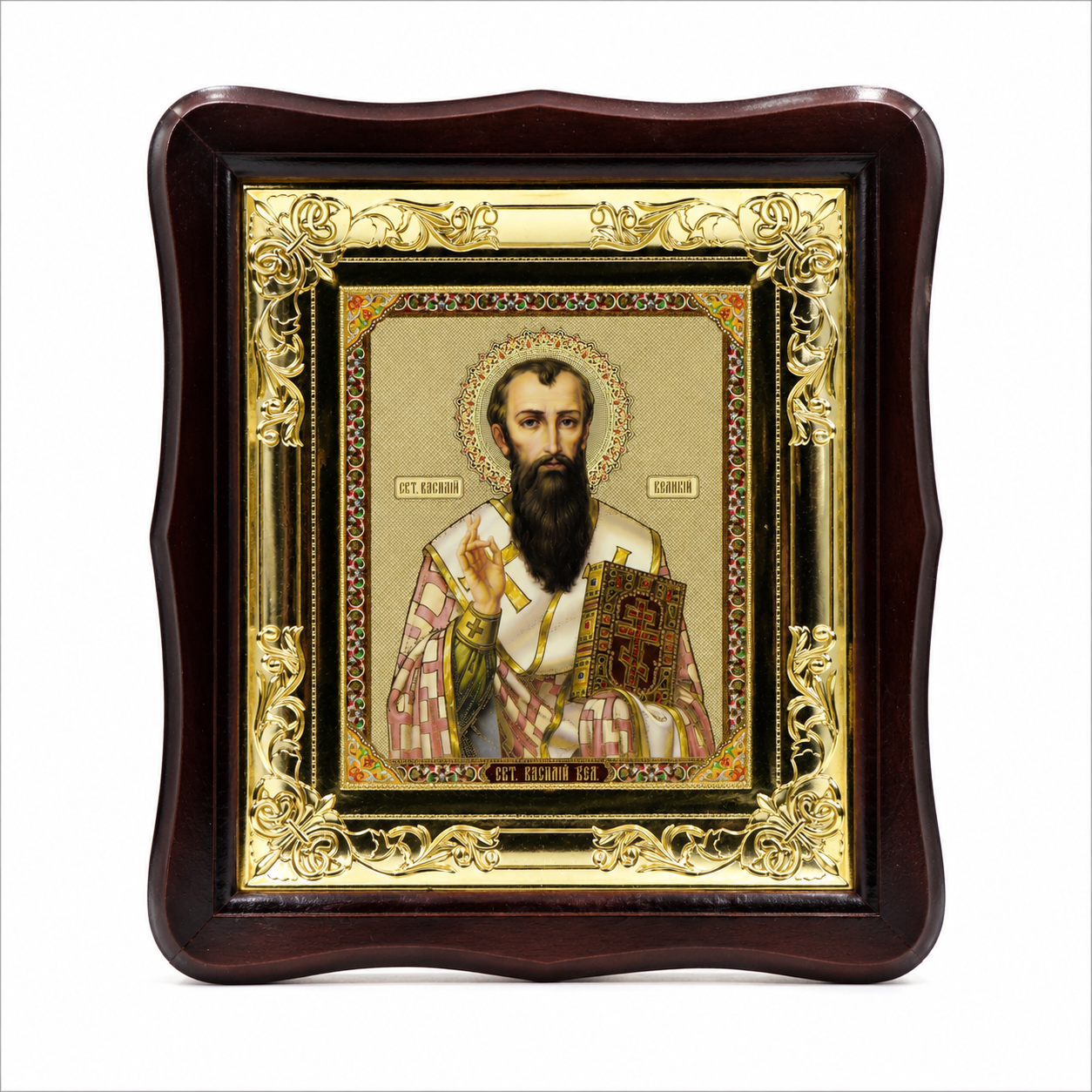 Икона на св. Василий Велики в дървен фигурен киот под стъкло, 26 × 29 см