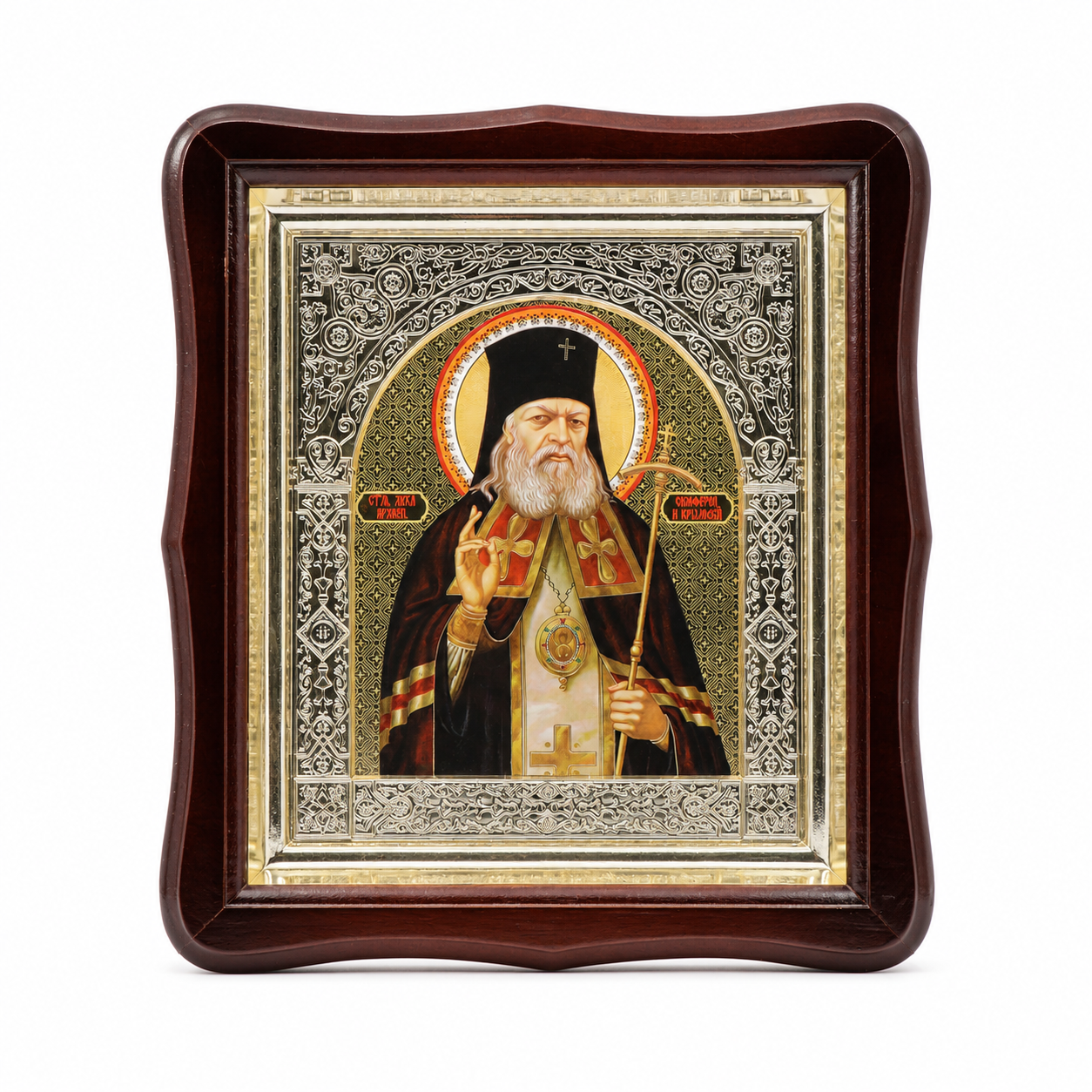Икона на св. Лука Кримски в дървен фигурен киот под стъкло, 26 × 29 см