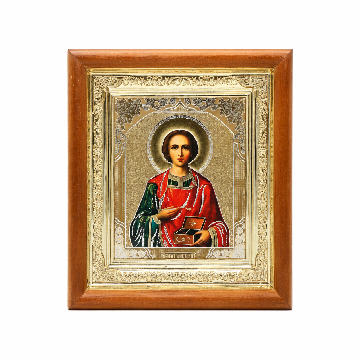 Икона на св. великомъченик Пантелеймон в дървен киот, 19 × 17 см