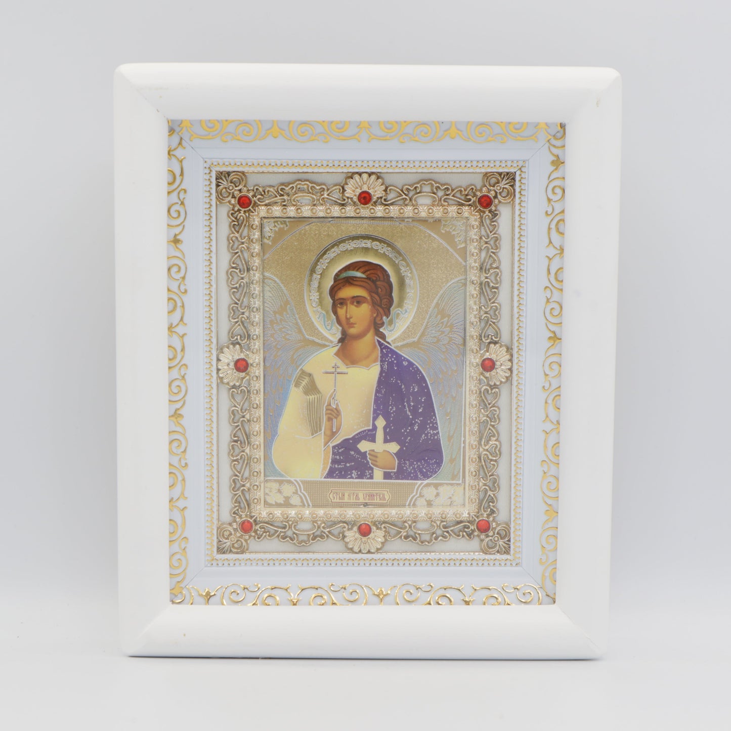 Икона на Ангел Хранител, бял дървен киот, 17×21 см