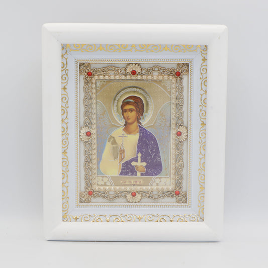 Икона на Ангел Хранител, бял дървен киот, 17×21 см