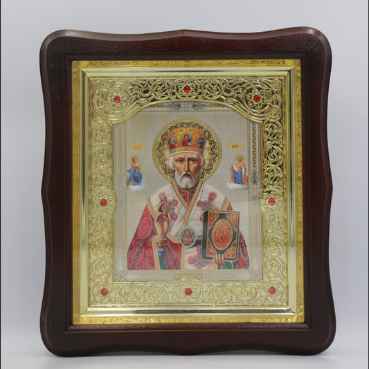 Икона на св. Николай Чудотворец в дървен фигурен киот под стъкло, 26 × 29 см