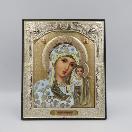 Икона Божией Матери «Казанская», пластиковый киот 15×18 см, с подставкой