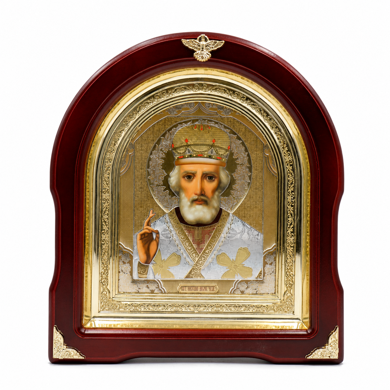 Икона на свети Николай Чудотворец, дървен арковиден киот под стъкло, 26 × 29 см