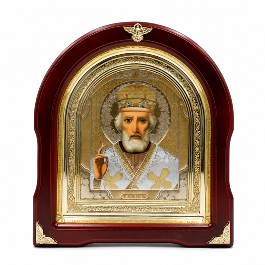 Икона на свети Николай Чудотворец, дървен арковиден киот под стъкло, 26 × 29 см