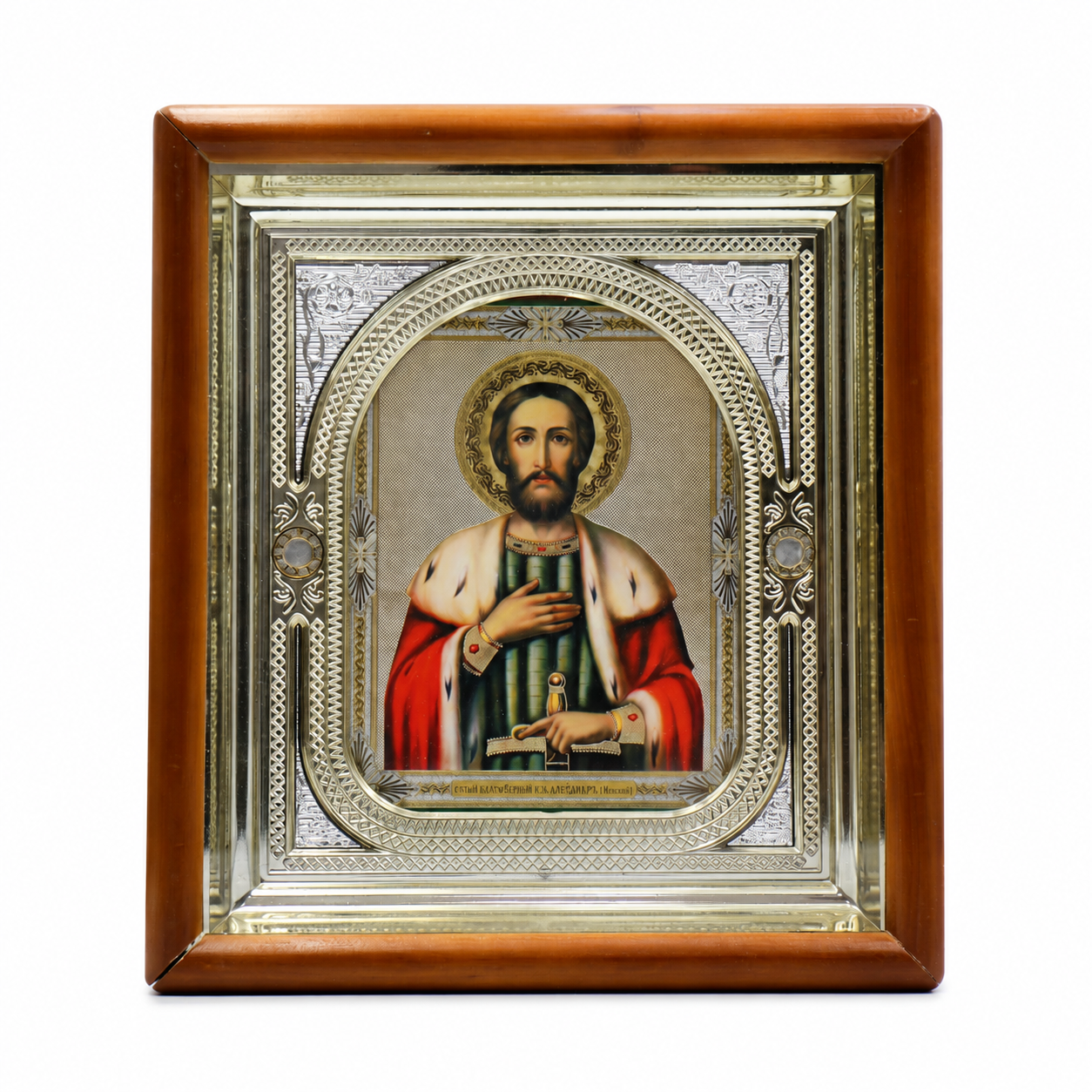Икона на св. Александър Невски в дървен киот под стъкло, 26 × 29 см