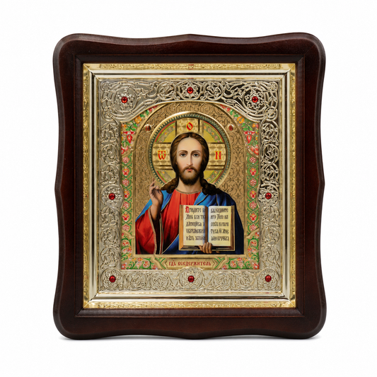 Икона на Господ Вседържител в дървен фигурен киот под стъкло, 26 × 29 см