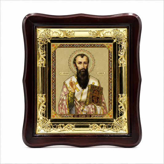 Икона на св. Василий Велики в дървен фигурен киот под стъкло, 26 × 29 см