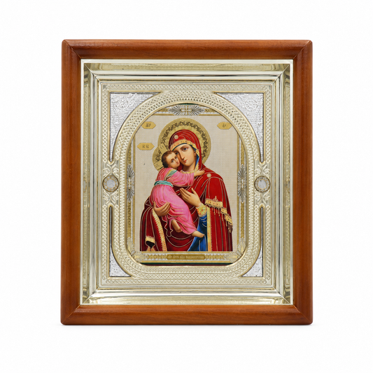 Икона на Владимирската Божия Майка в дървен киот под стъкло, 26 × 29 см