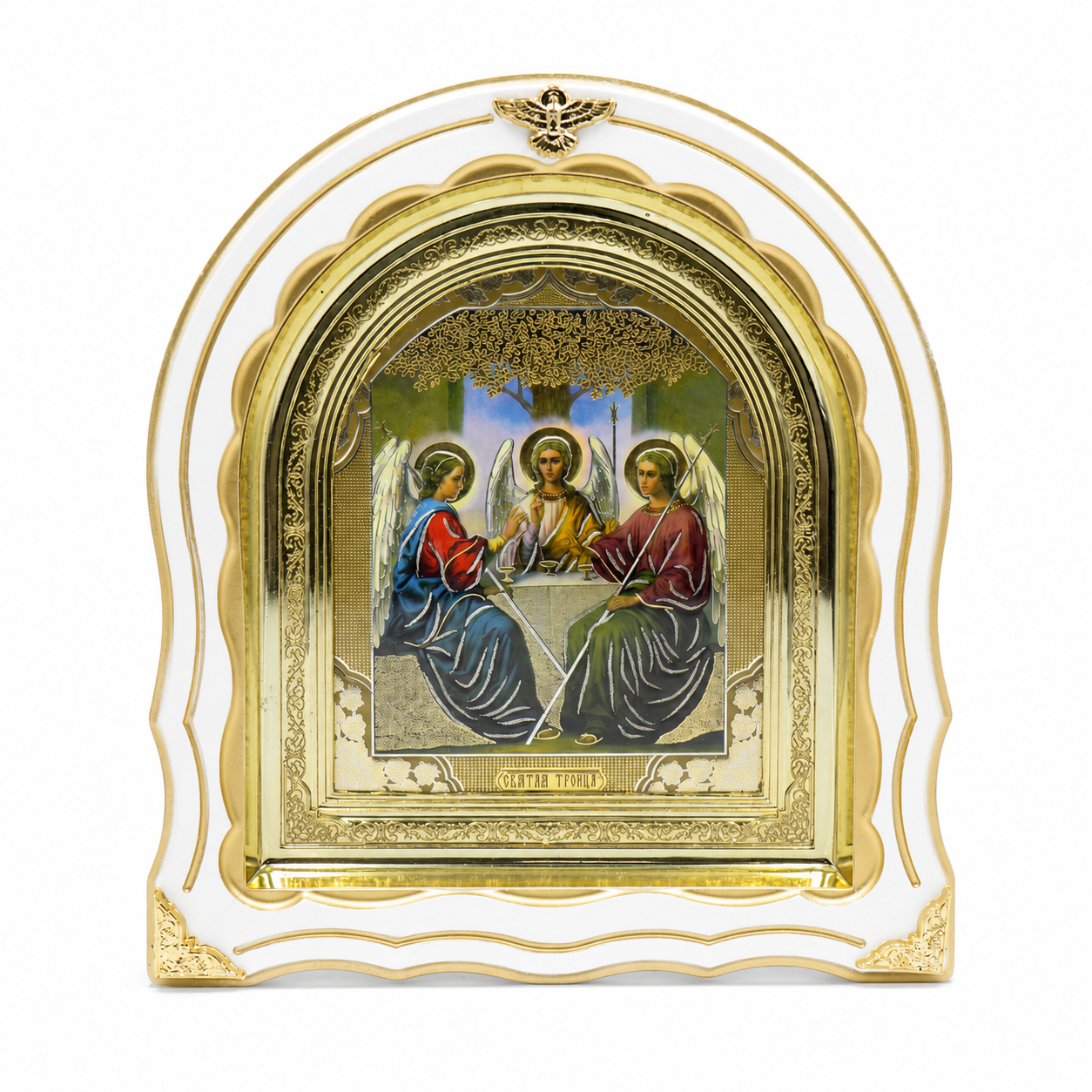 Икона на Света Троица, дървен арковиден киот под стъкло, 26 × 29 см