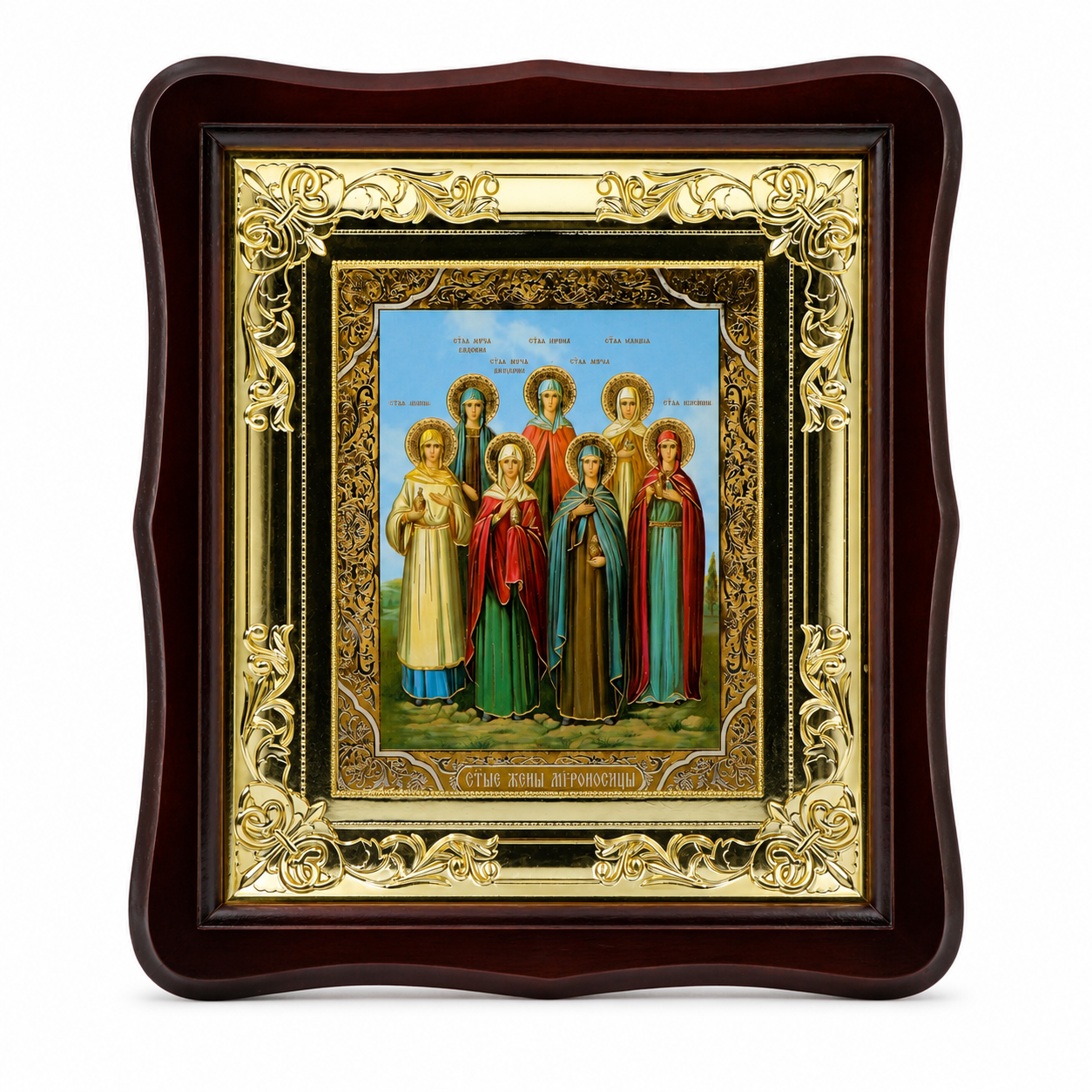 Икона на светите жени мироносици в дървен фигурен киот под стъкло, 26 × 29 см