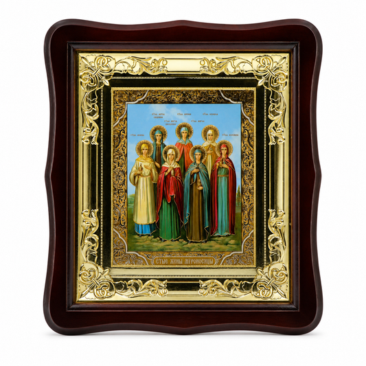 Икона на светите жени мироносици в дървен фигурен киот под стъкло, 26 × 29 см